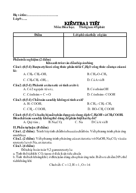Đề 1 thi Kiểm tra 1 tiết môn Hóa học 9. Thời gian 45 phút